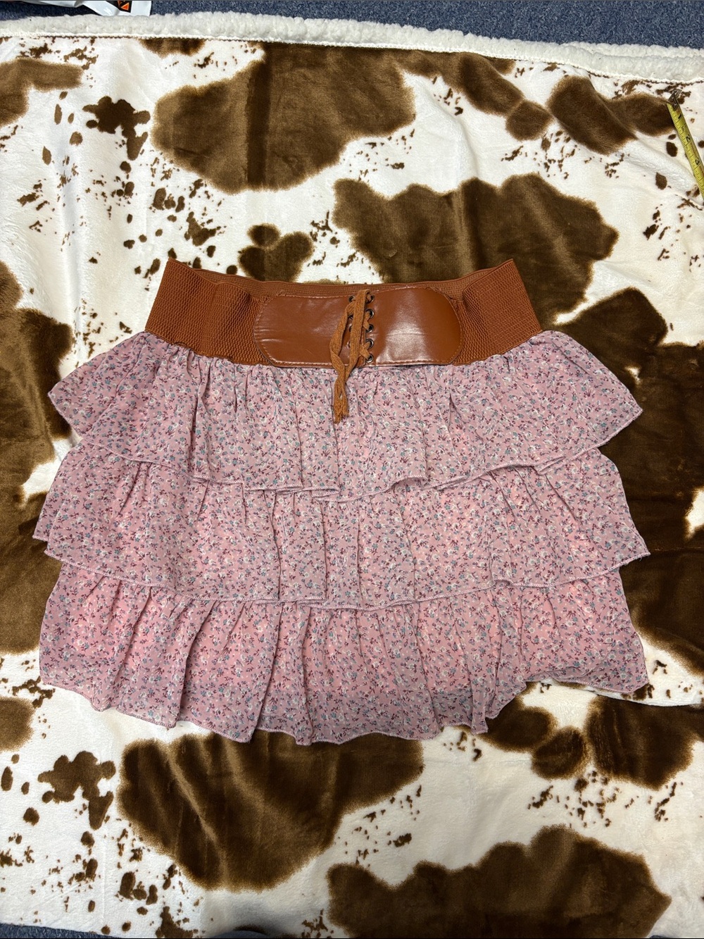 Deb Pink Floral Tiered Ruffle Mini Skirt with Brown Lace-Up Waistband